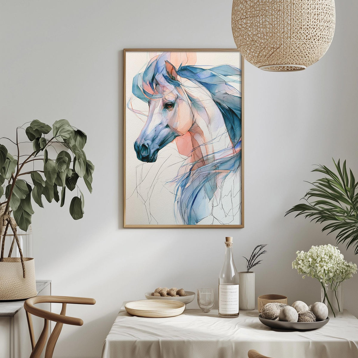 a dining table with a white tablecloth, a bowl of fruit, a bottle, and a vase with flowers. Above the table, there is a framed painting of a horse's head.