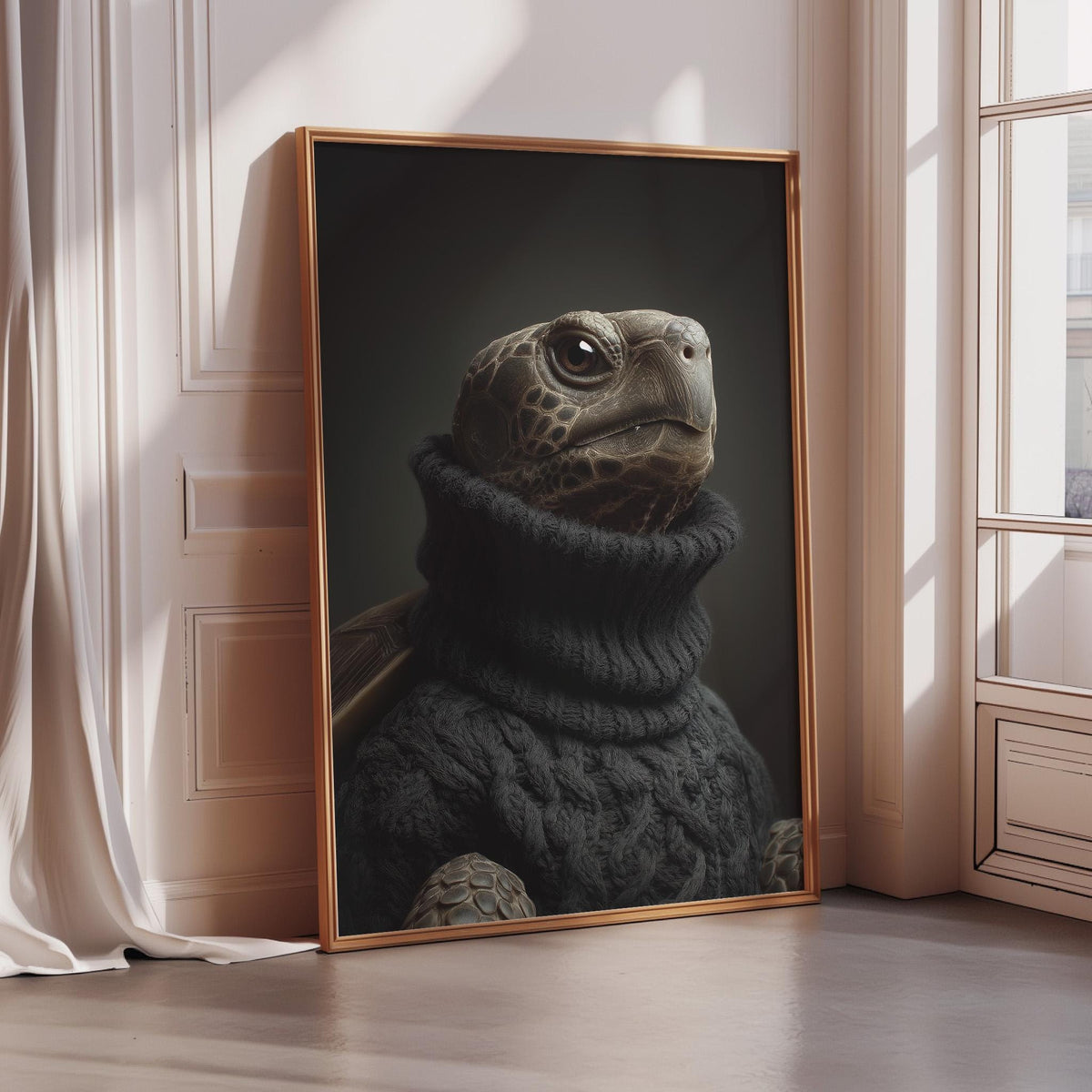 A framed image of a turtle wearing a black sweater, with a serious expression on its face.