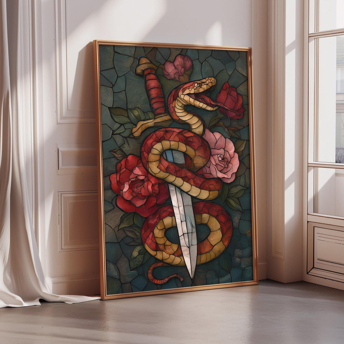 A framed painting depicting a red and yellow snake coiled around a sword and flowers, with a red rose and green leaves in the background.