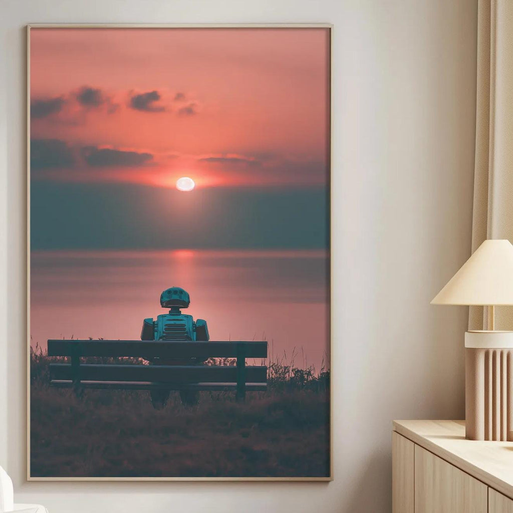 a serene scene of a person sitting on a bench, facing a picturesque sunset over a body of water.