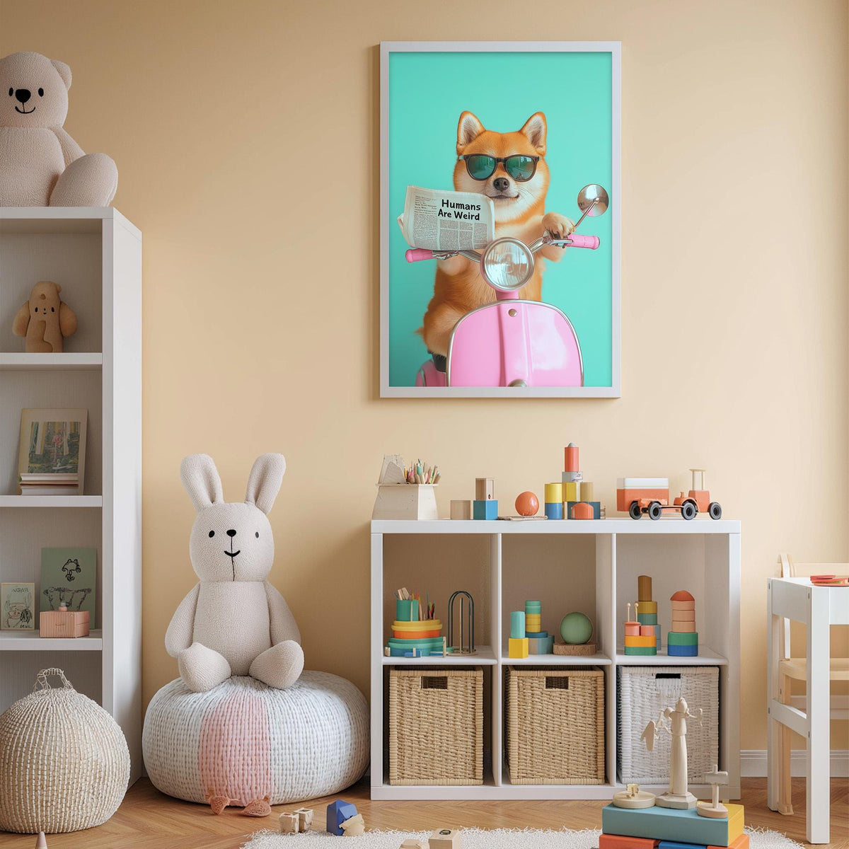 A child's bedroom with a stuffed rabbit, a shelf with toys, and a framed poster of a Shiba Inu dog riding a scooter.