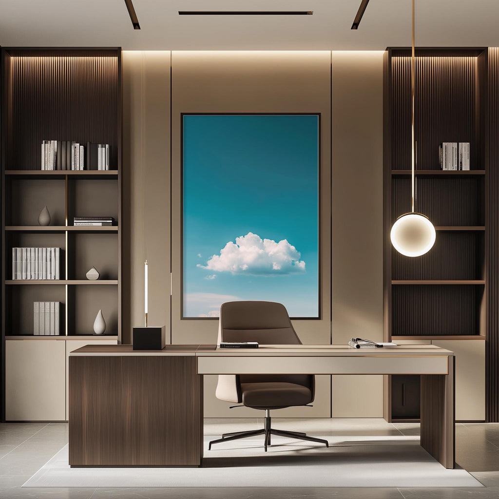a modern and minimalist office space with a large window that offers a view of a blue sky with fluffy clouds. The office features a wooden desk with a comfortable-looking chair, and a large framed picture of a cloud hanging on the wall.
