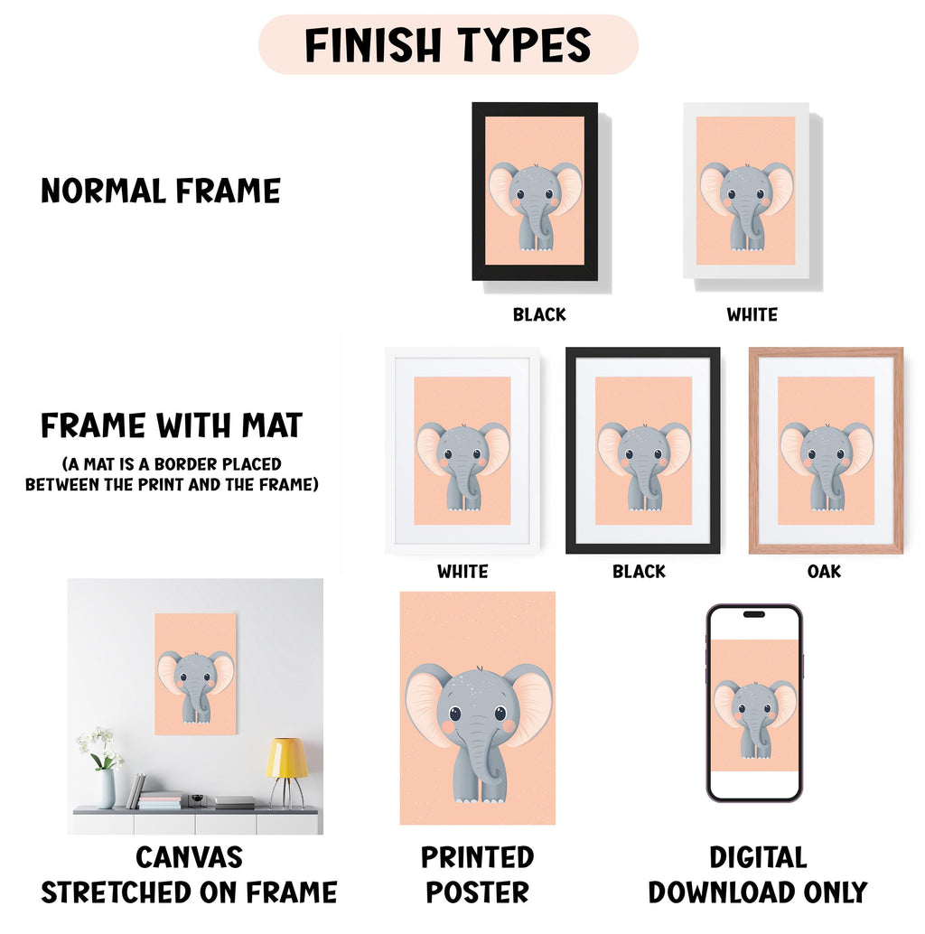 various finish types for a canvas or poster, including a normal frame, a frame with a mat, a white frame, a black frame, an oak frame, a printed poster, and a digital download only.