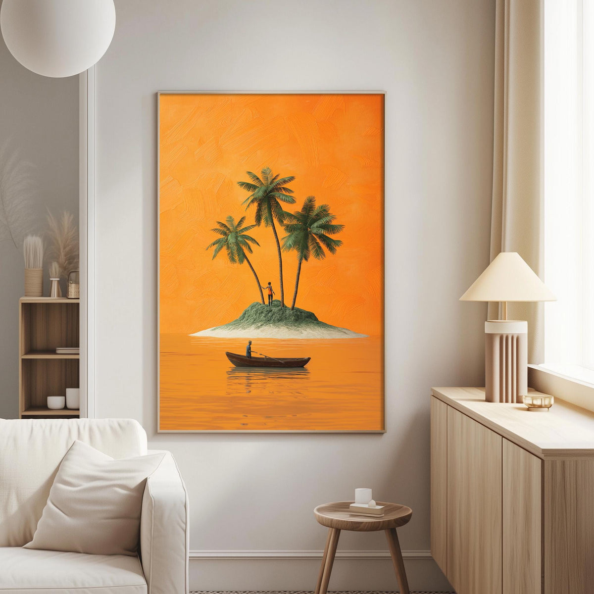 a large painting of a tropical island with palm trees, a small boat, and a person on the island. The painting is hanging on a wall in a living room setting, with a white couch and a small table nearby.