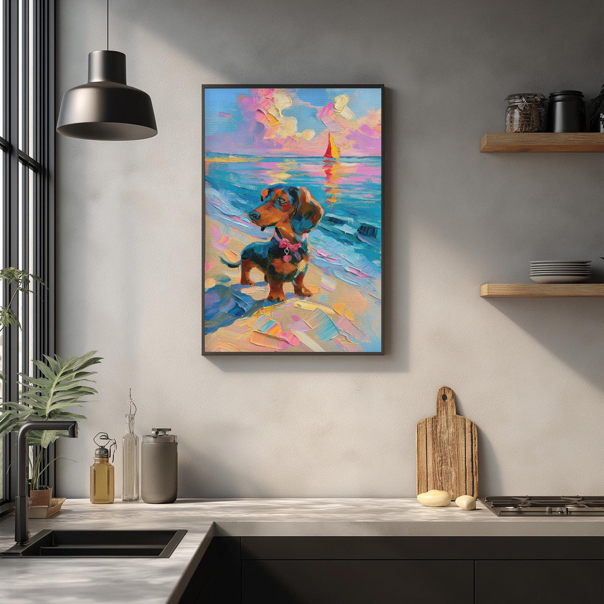 a painting of a dog on a beach, hanging on a wall above a kitchen counter.