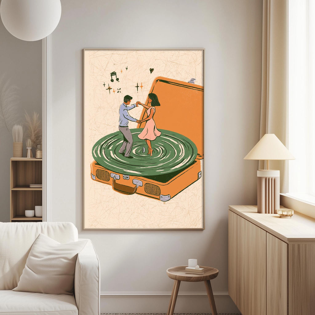 a man and a woman dancing on a turntable, with a suitcase on top of it.