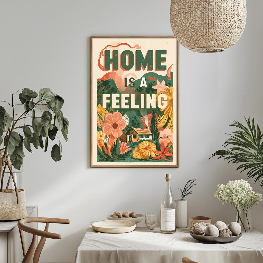a framed poster with the text "HOME IS A FEELING" hanging on a wall above a dining table with various decorative items and plants.
