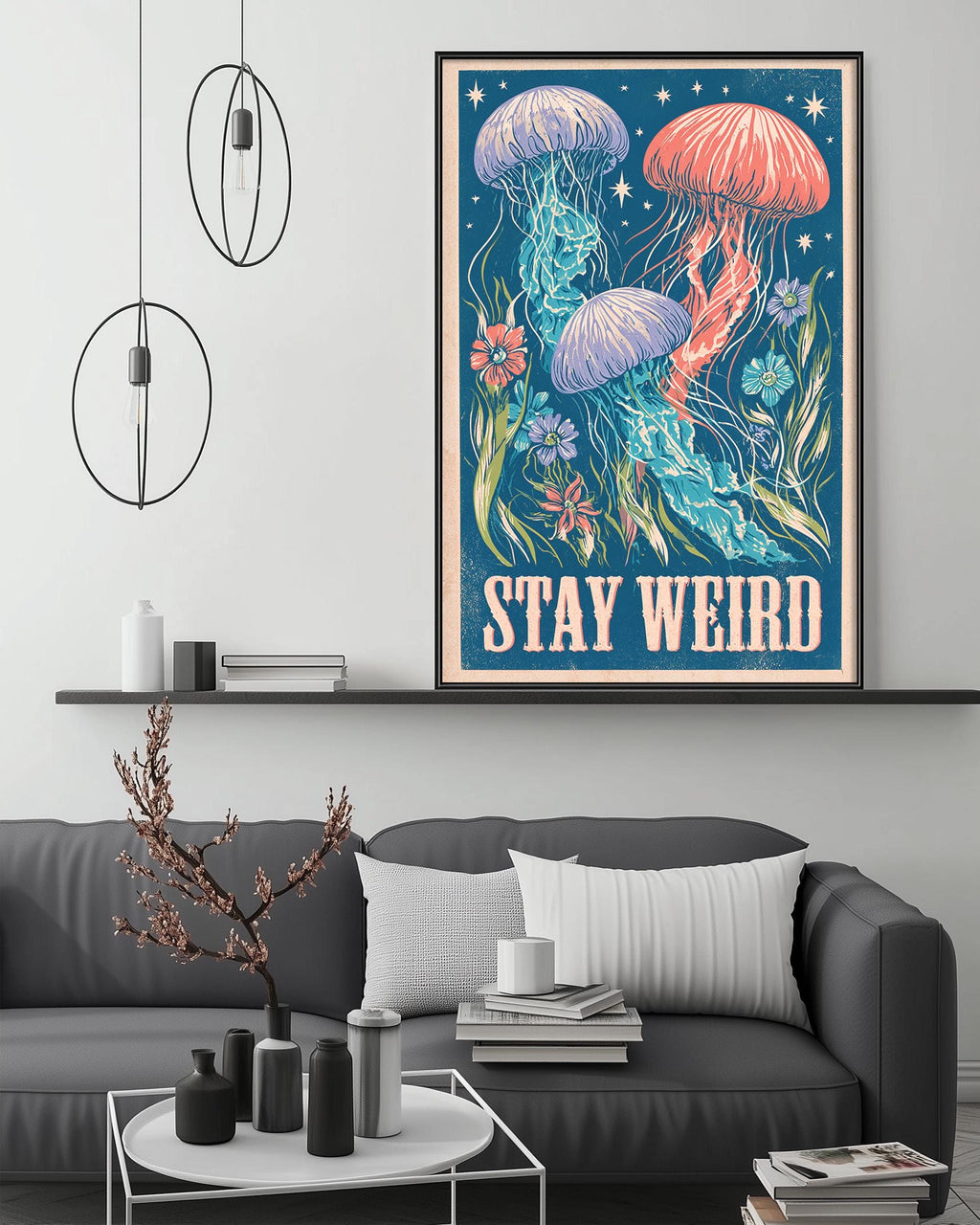 a large framed poster with a vibrant illustration of jellyfish and flowers, accompanied by the text "STAY WEIRD" displayed prominently. The poster is hung on a wall above a gray couch, which is decorated with various items such as a potted plant, vases, and books. The overall setting appears to be a cozy living room or lounge area.