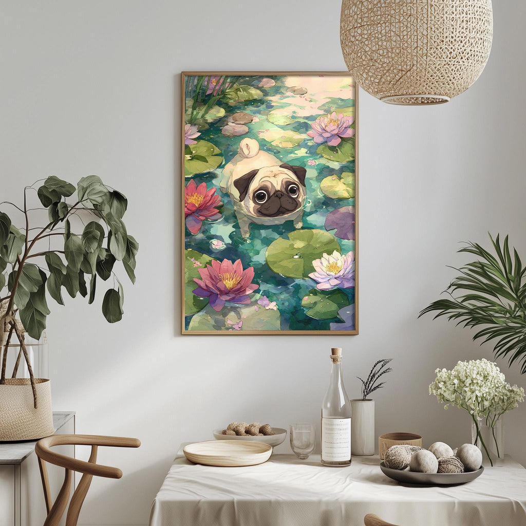 a framed painting of a pug dog swimming in a pond filled with colorful lily pads, surrounded by various plants and flowers.