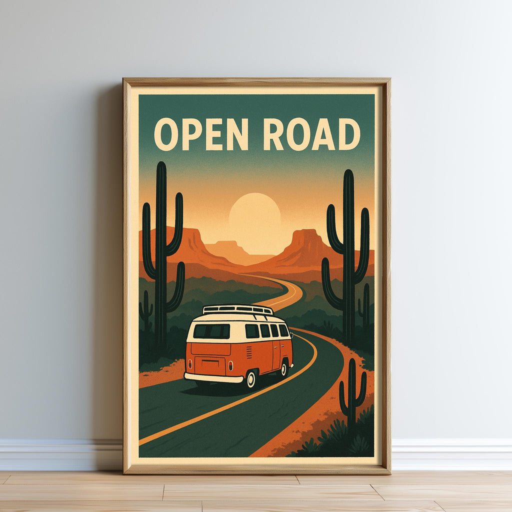 The image is a framed poster depicting a vintage-style road scene with a van driving down a winding road surrounded by desert-like scenery, including cacti and mountains.