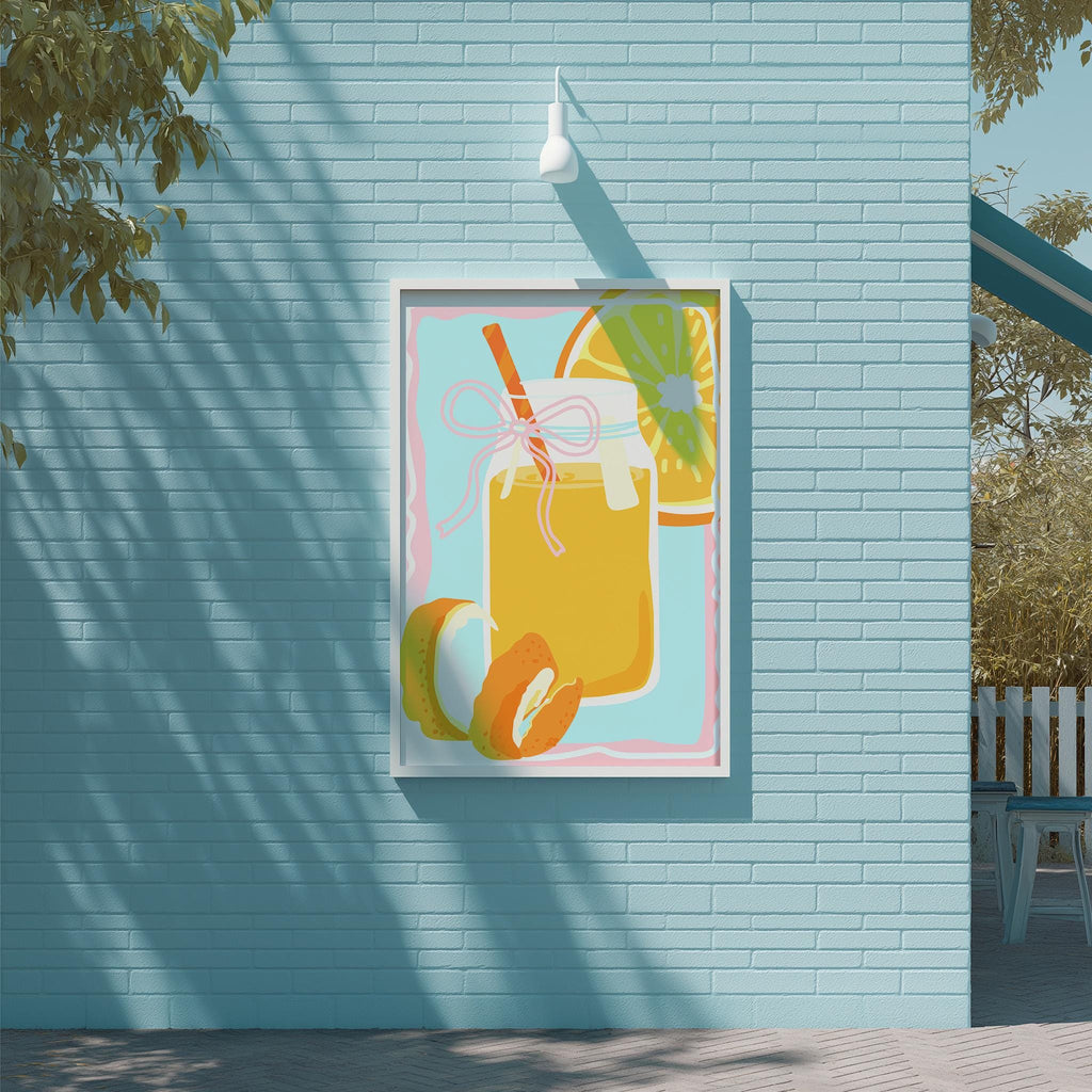 A colorful painting of a glass jar filled with a yellow liquid, surrounded by various fruits, is displayed on a blue brick wall.