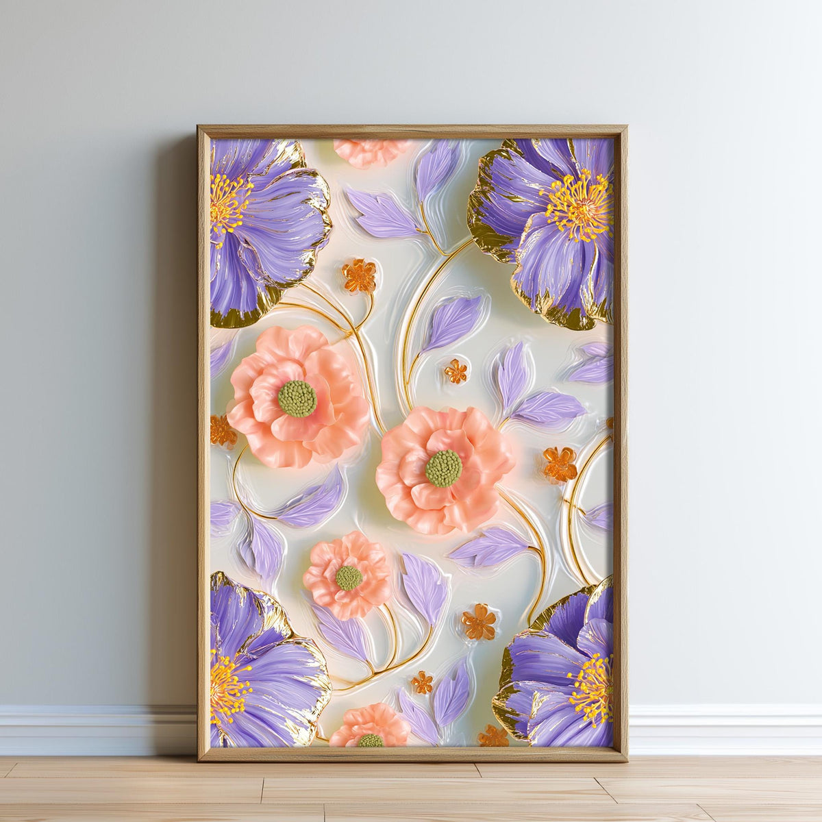 A framed artwork featuring a vibrant floral pattern with purple and orange flowers, along with green leaves, displayed on a white wall.