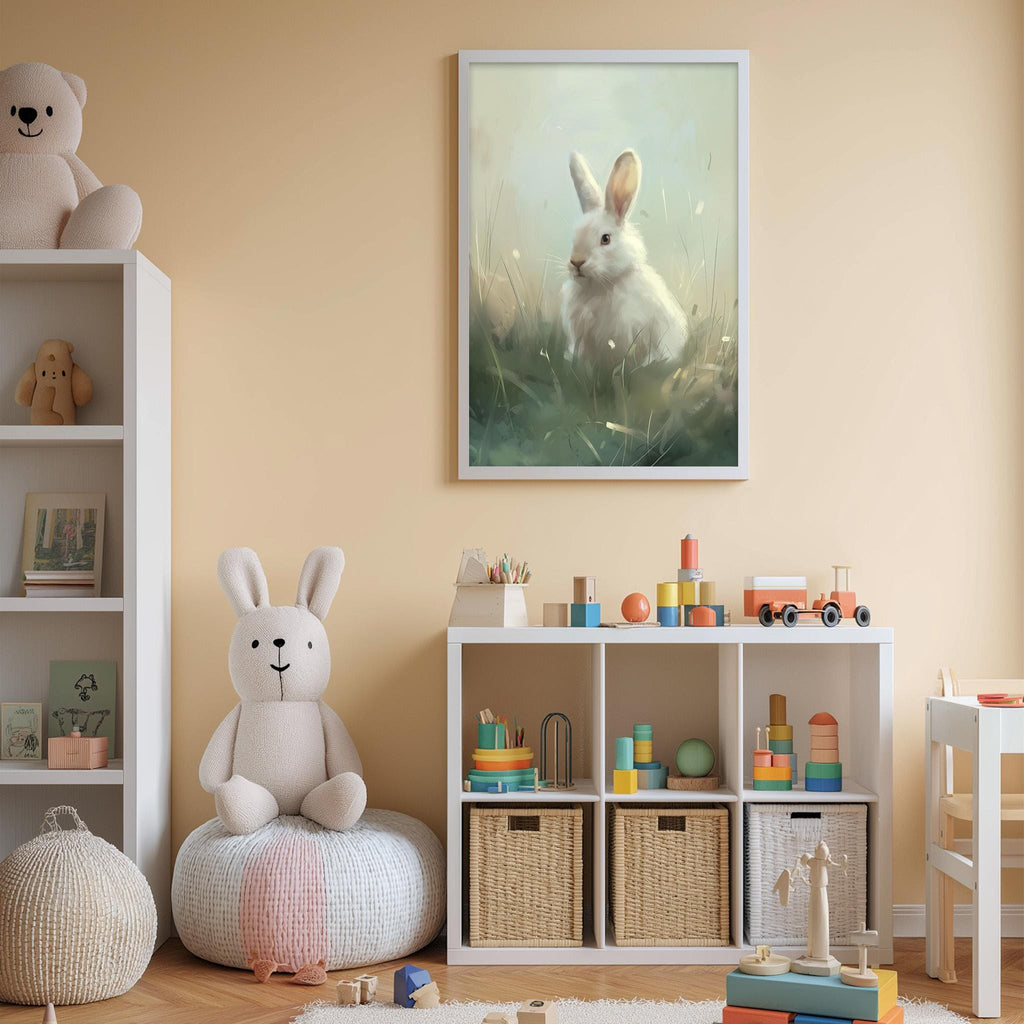 A cozy children's room with a white rabbit sitting on a bean bag chair, surrounded by toys and a bookshelf filled with books and toys.