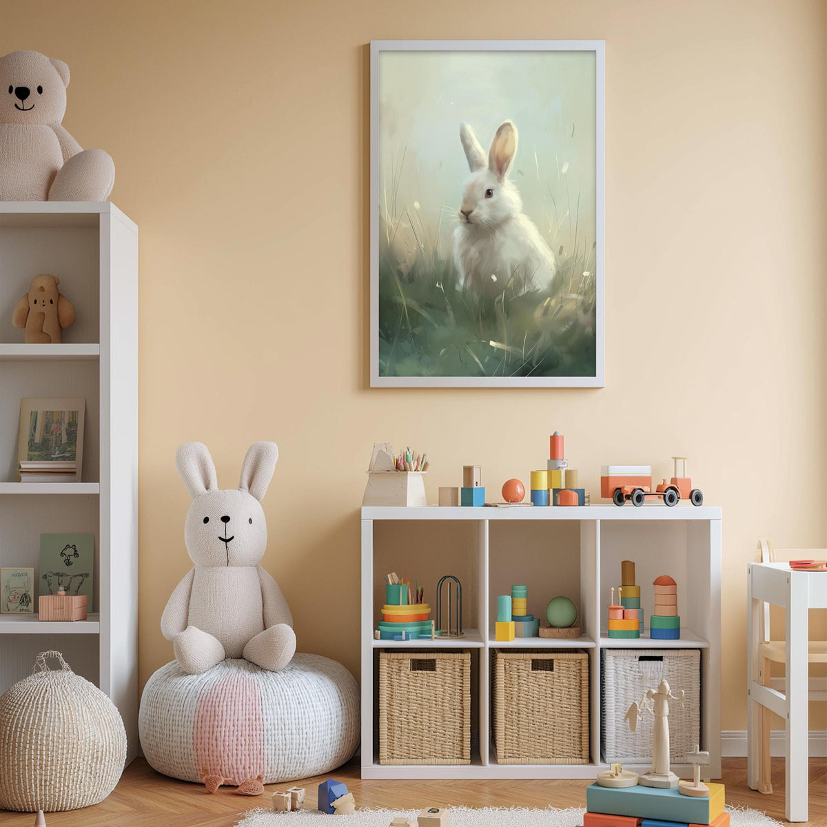 A cozy children's room with a white rabbit sitting on a bean bag chair, surrounded by toys and a bookshelf filled with books and toys.