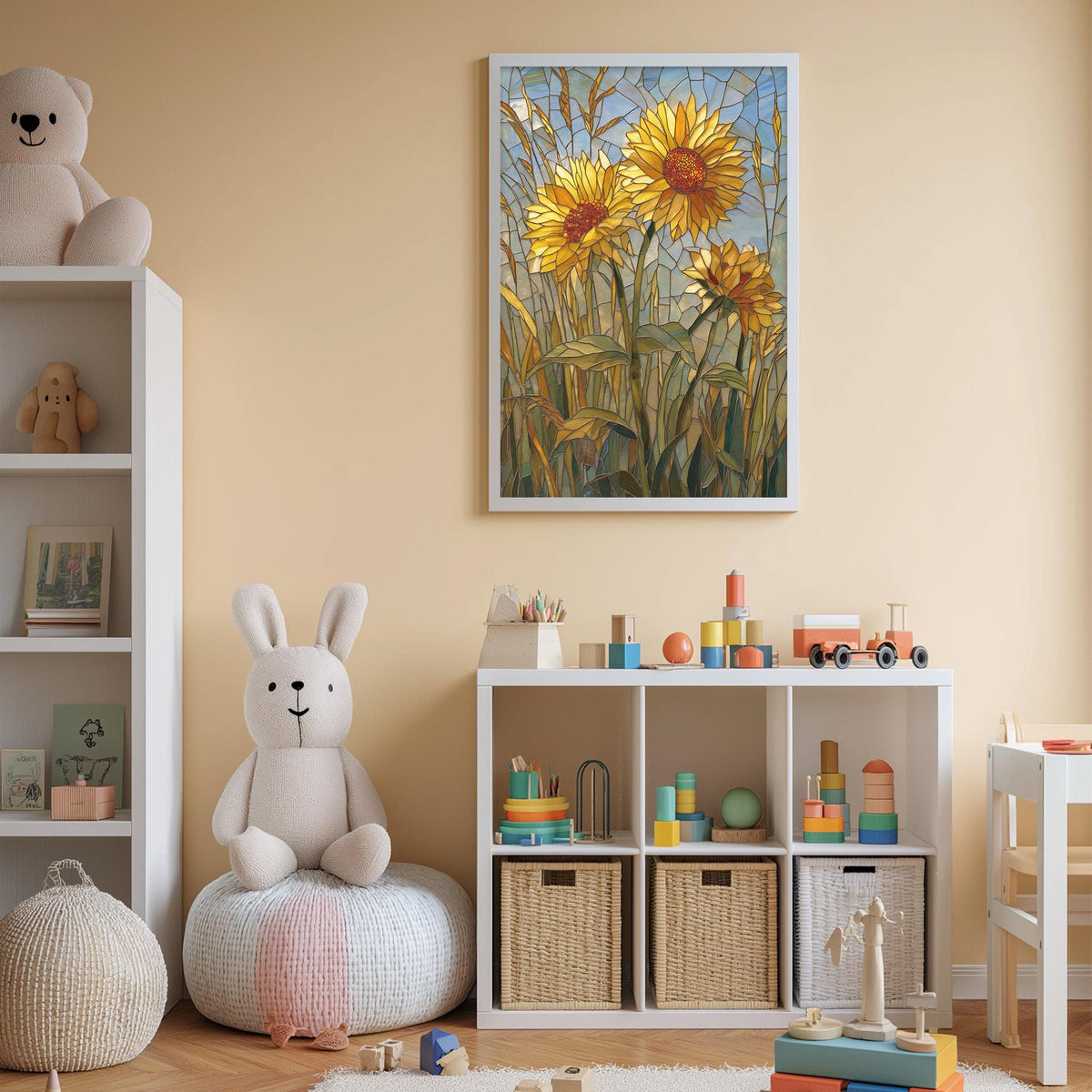 A cozy children's room with a white bookshelf, a stuffed rabbit, a toy train, and a framed painting of sunflowers on the wall.