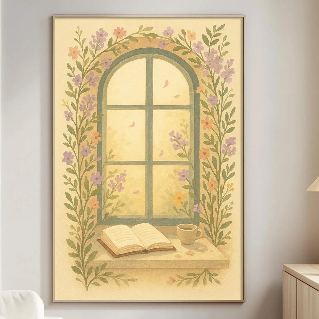 a cozy living room with a large window adorned with a floral arch, a small table with a lamp, and a white sofa.