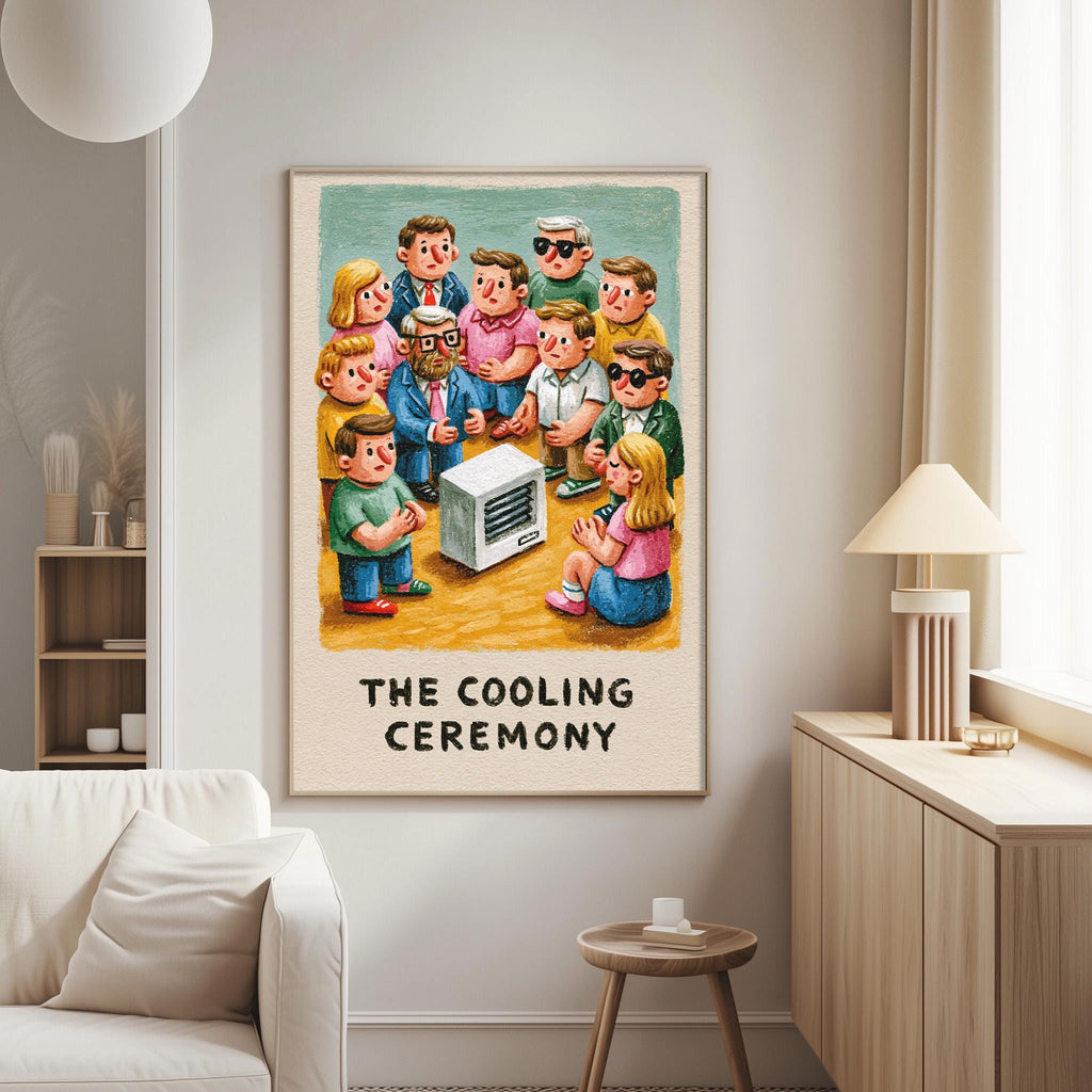 The image is a framed illustration of a group of children gathered around a small white air conditioning unit, with the text "THE COOLING CEREMONY" below the artwork.