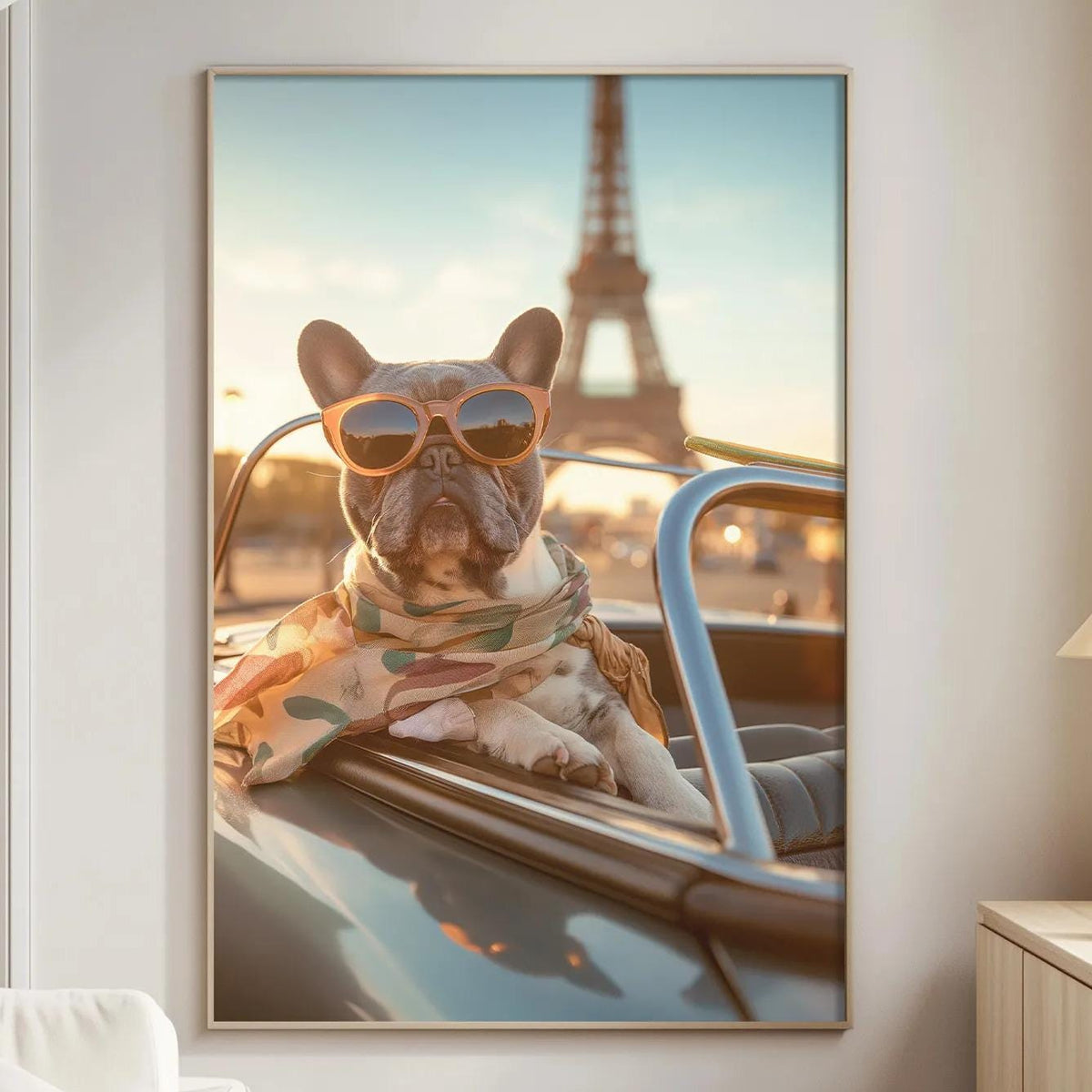 A framed photograph of a dog wearing sunglasses and a scarf, sitting in the front seat of a car, with the Eiffel Tower visible in the background.