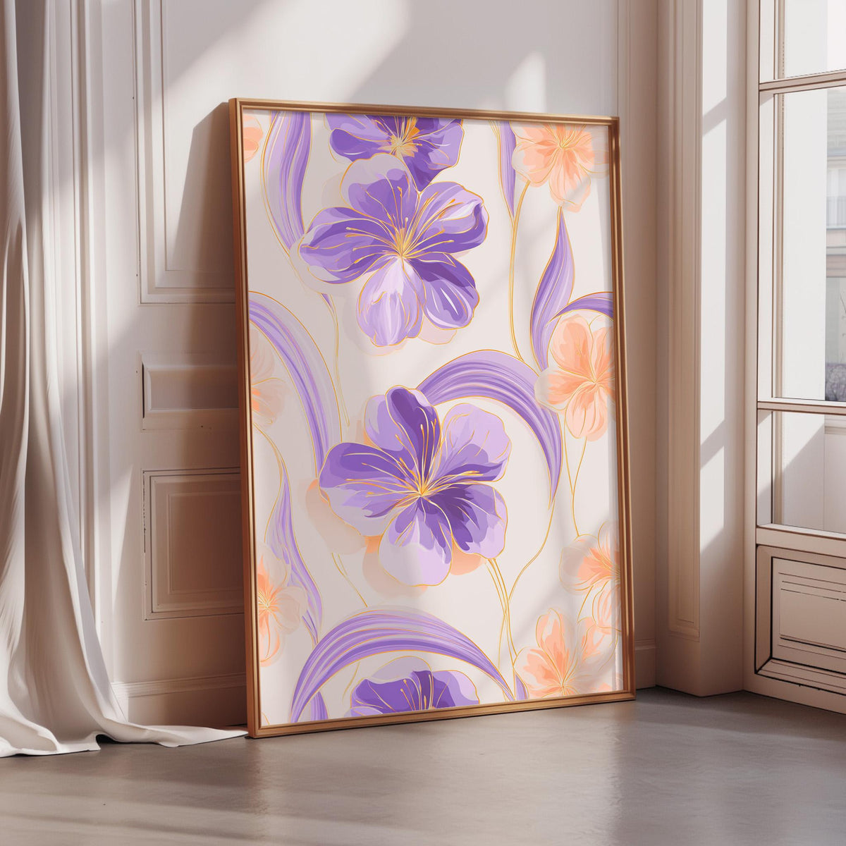 a large framed picture of purple and orange flowers on a white wall.