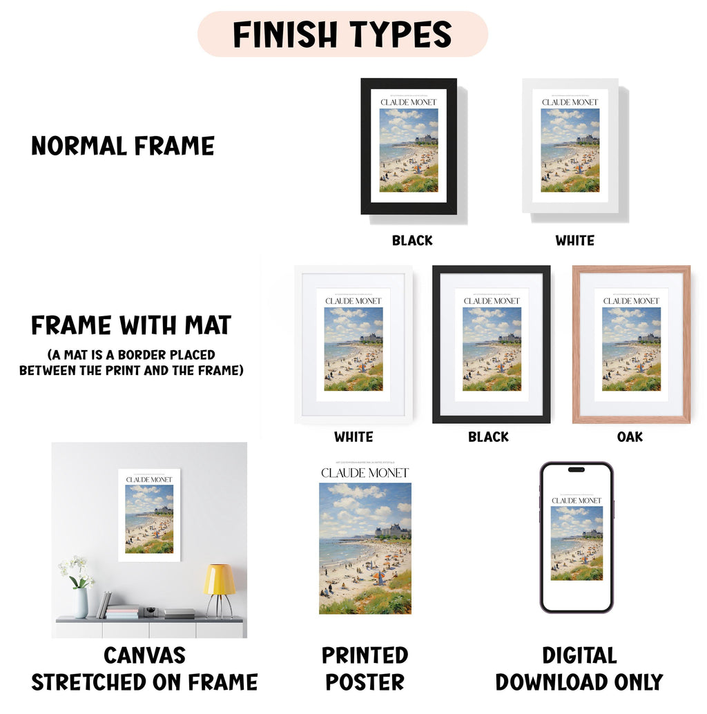 various finish types for framed artworks, including a normal frame, a frame with a mat, a white frame, a black frame, a black frame, an oak frame, a white frame, a black frame, and a digital download only.