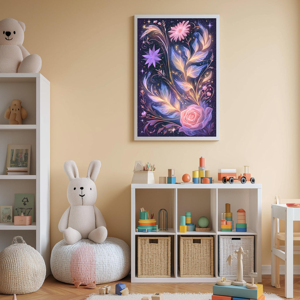 A cozy and colorful children's bedroom with a large stuffed bunny, a bookshelf filled with toys, and a framed artwork depicting a whimsical floral scene.