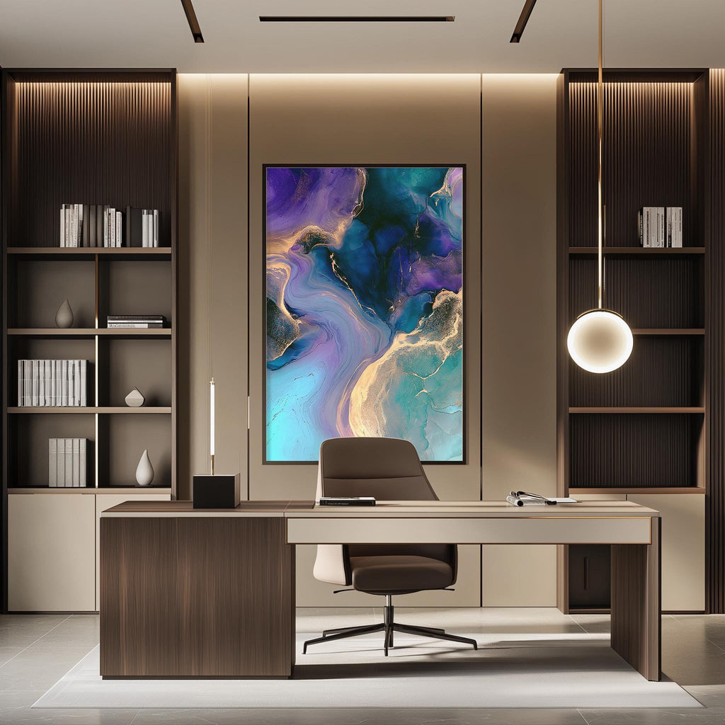 a modern and stylish office space with a large abstract painting on the wall, a wooden desk with a chair, and built-in bookshelves.