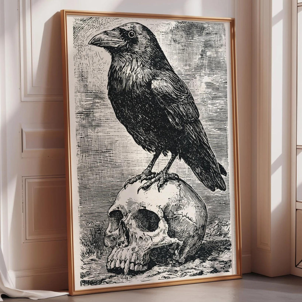 a black and white illustration of a crow perched on a skull.