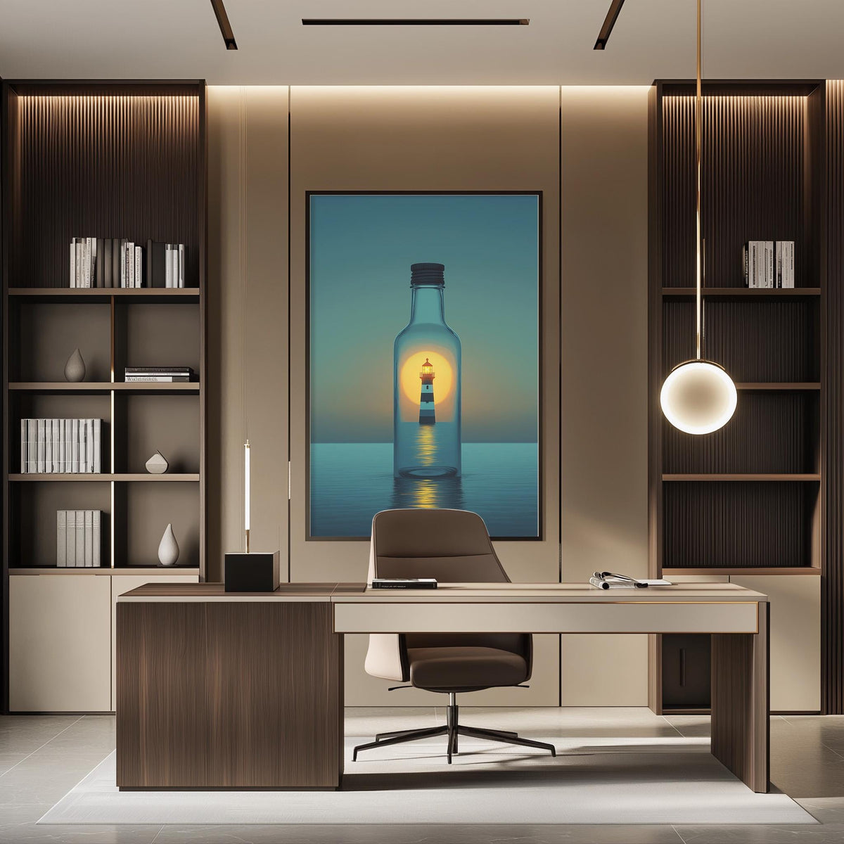 a modern office space with a large framed artwork of a lighthouse on the wall, a wooden desk with a chair, and built-in bookshelves.