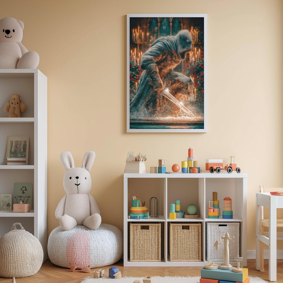 a child's bedroom with a large framed artwork of a knight on a sword, surrounded by various toys and storage containers.