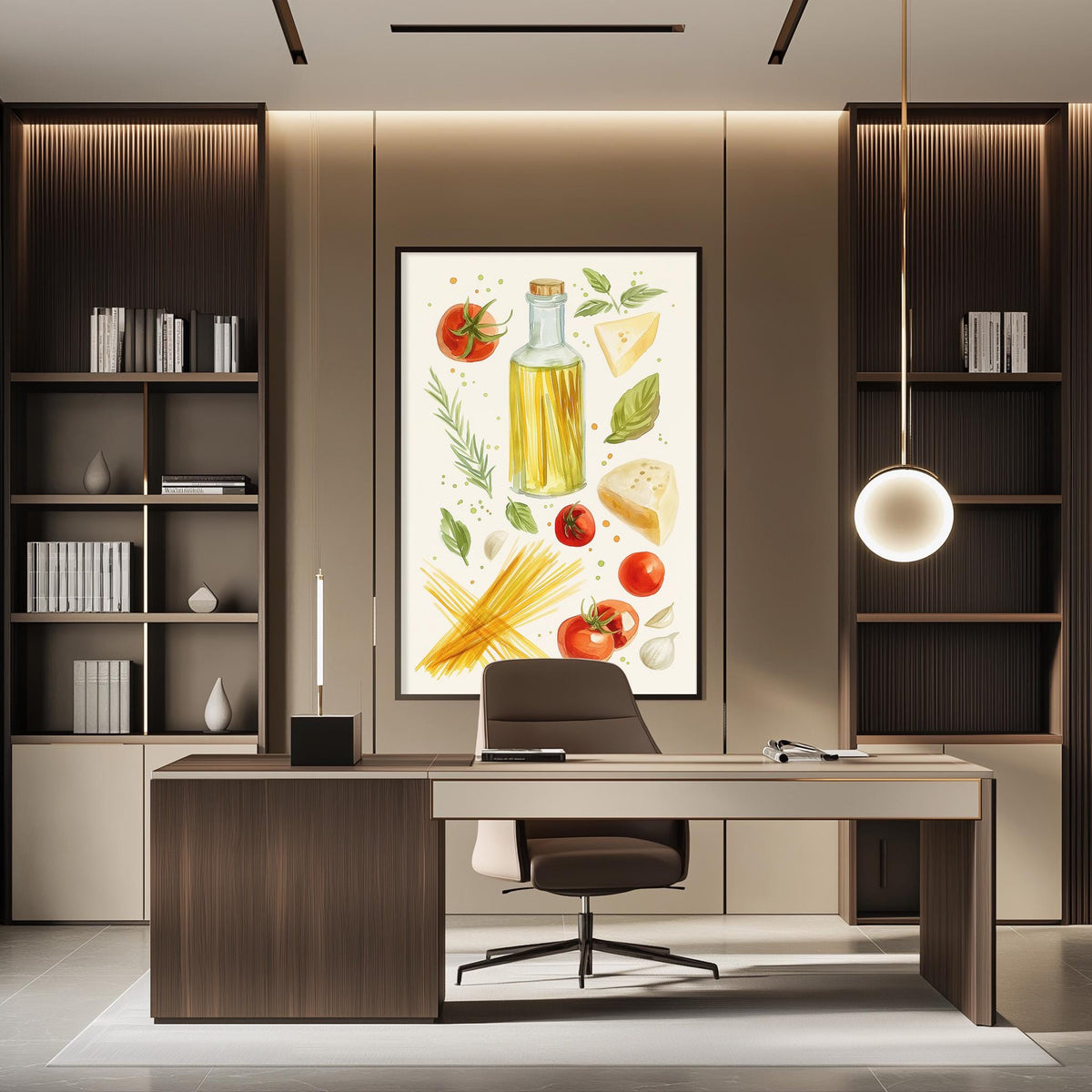 a modern office space with a large framed illustration of Italian food items on the wall, including a bottle of olive oil, tomatoes, basil, and spaghetti. The office has a wooden desk and chair, and there are bookshelves on either side of the desk.
