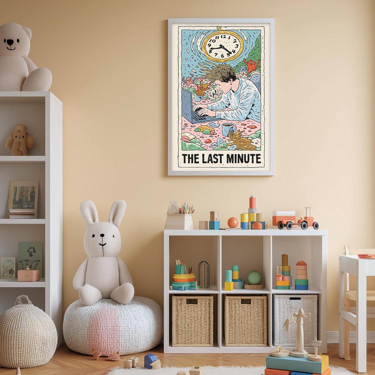 The image is a child's bedroom with a white bookshelf, a stuffed rabbit, a toy train, and a framed poster on the wall.