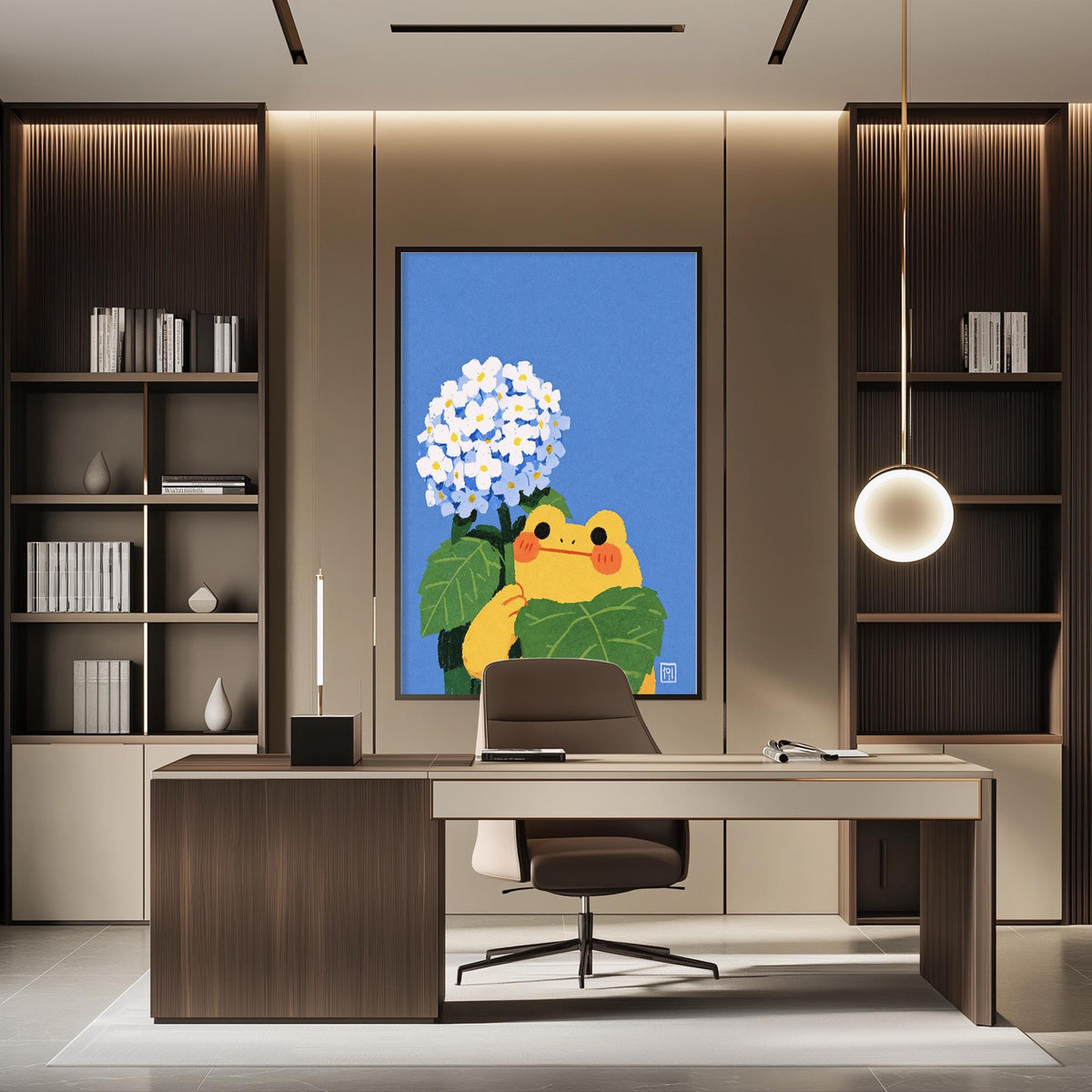a modern office space with a large framed illustration of a frog holding a bouquet of flowers on the wall. The office has a wooden desk, a chair, and a bookshelf filled with books.