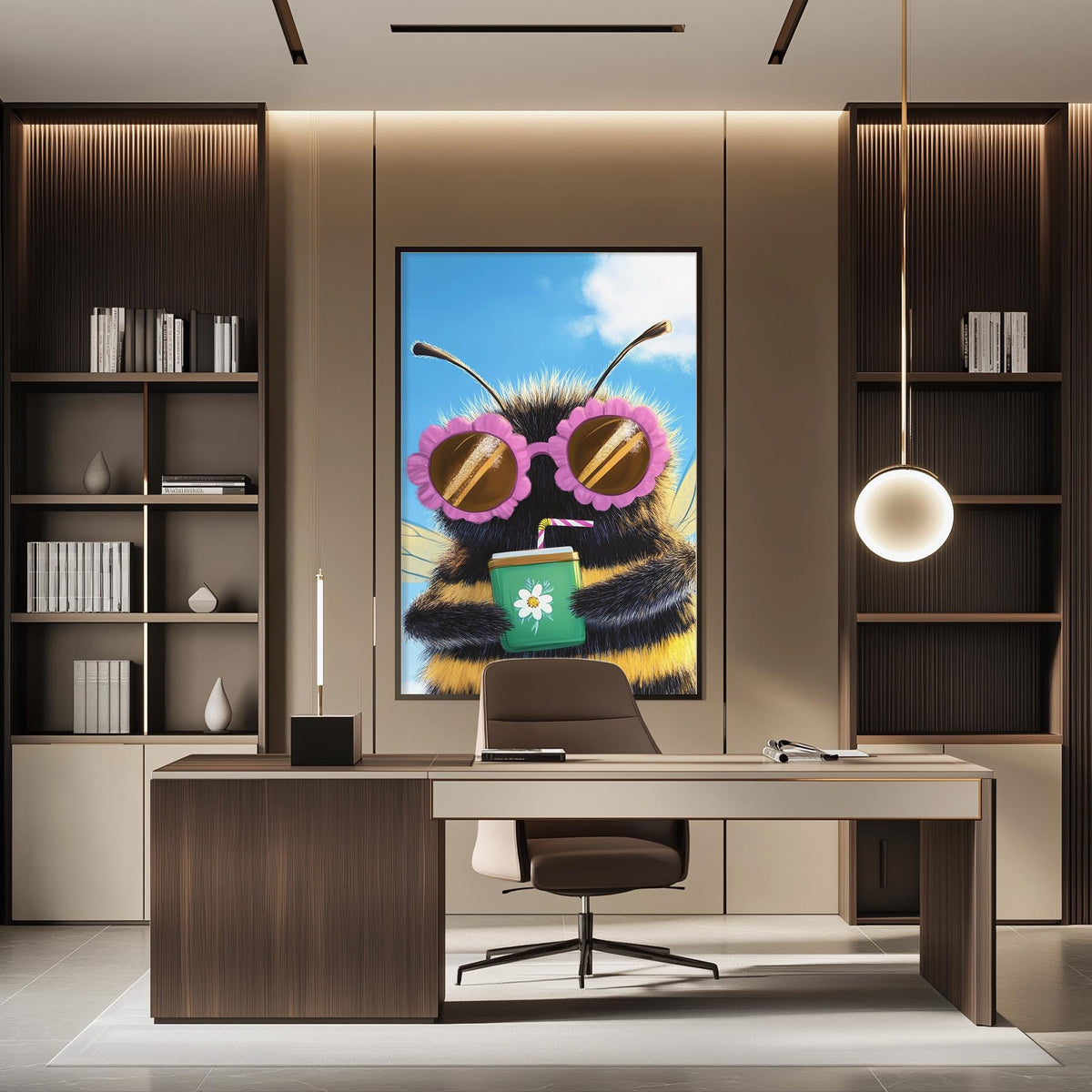 a modern office space with a large framed picture of a bee wearing sunglasses on the wall. The office has a wooden desk, a chair, and a bookshelf filled with books.