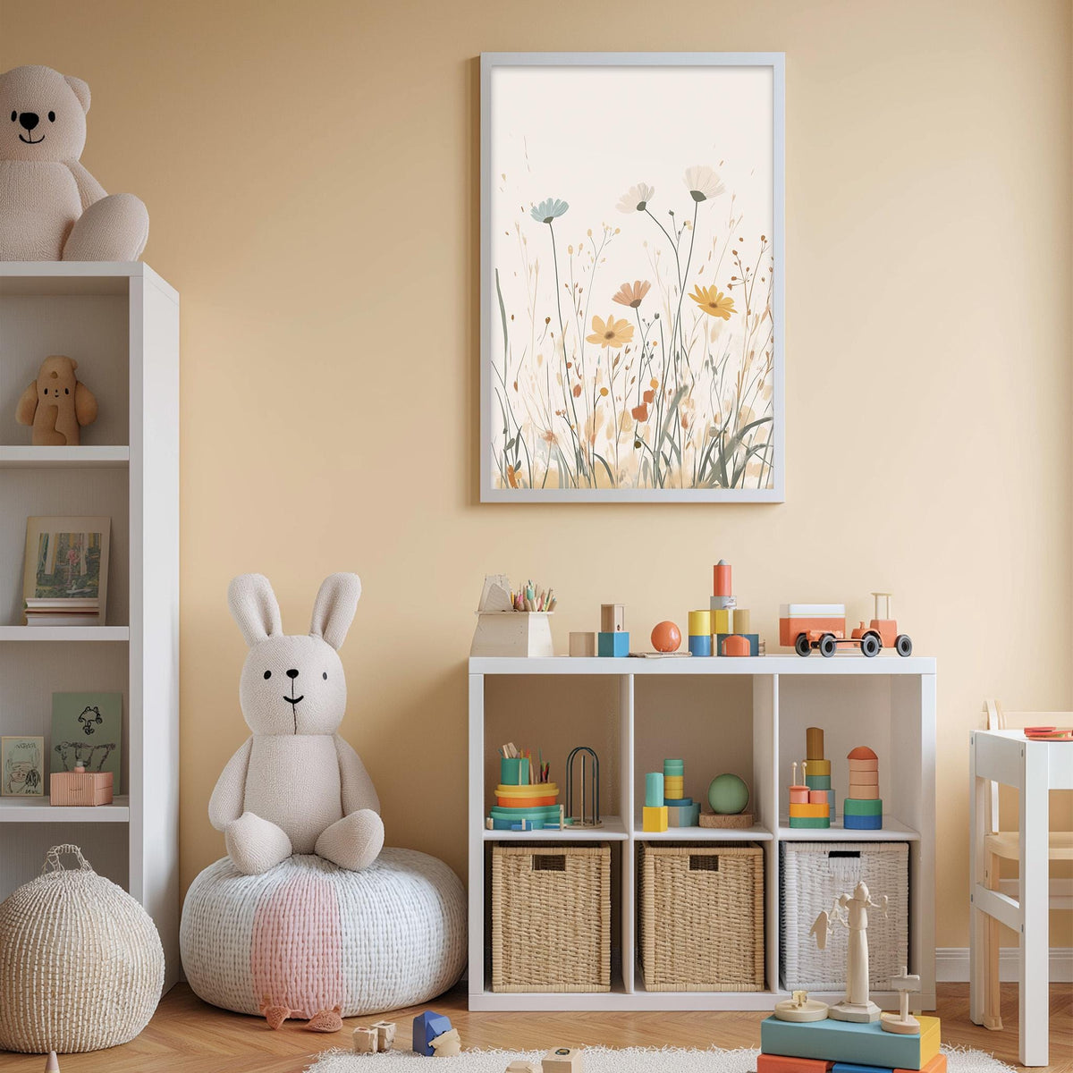 A cozy and colorful children's bedroom with a bookshelf, a stuffed rabbit, and a toy train set. The walls are painted a light peach color, and there is a framed print of flowers hanging above the bookshelf.