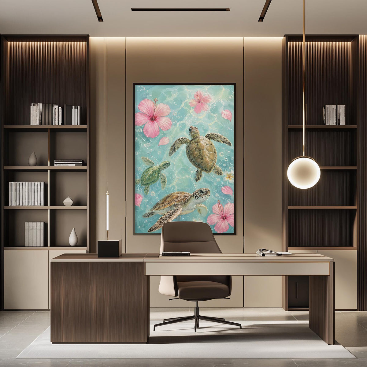 a modern office space with a large painting of tropical fish swimming in a blue ocean scene as the focal point. The painting is hung on the wall above a wooden desk with a chair in front of it. The office also includes built-in bookshelves and a pendant light, creating a stylish and functional workspace.