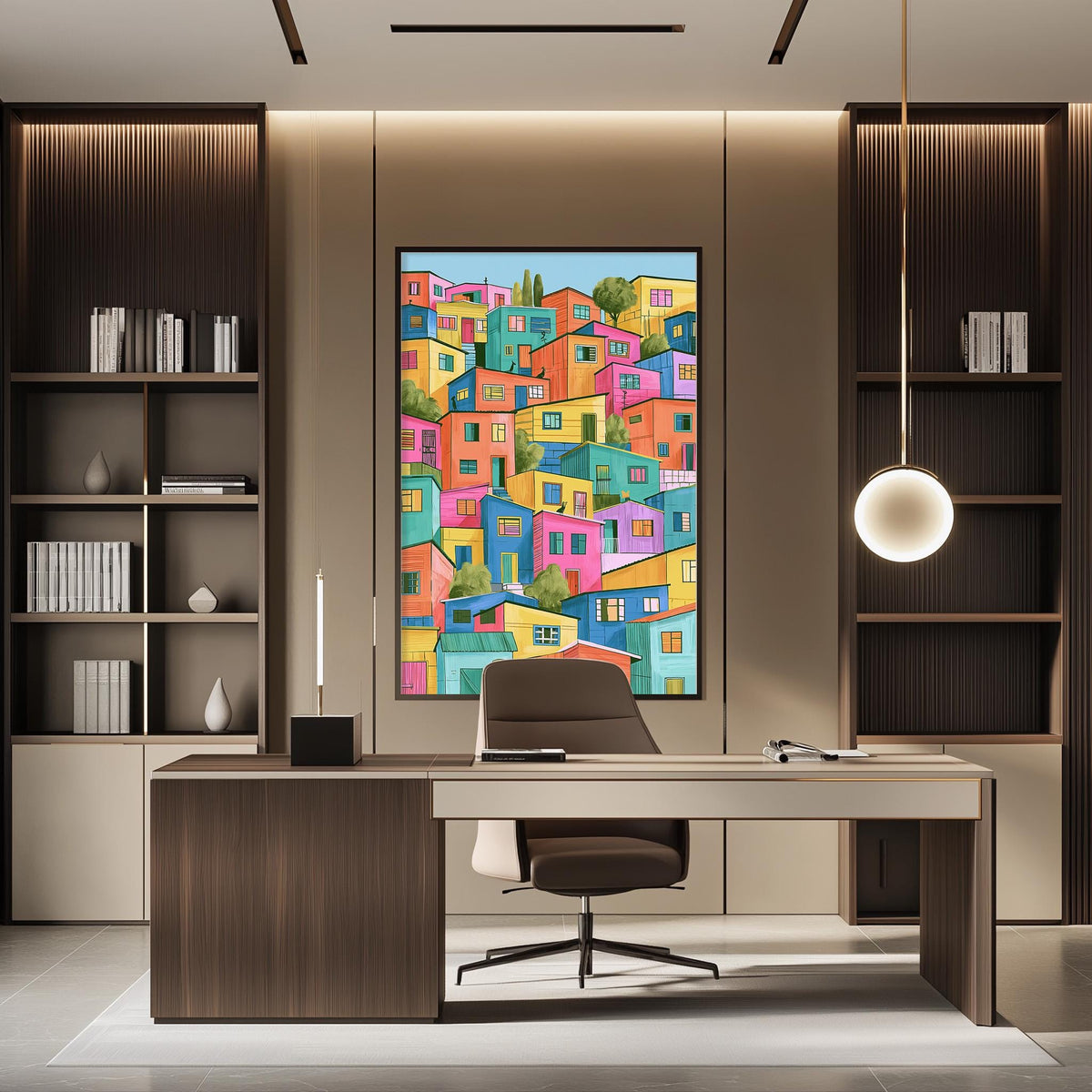a modern office space with a large, colorful painting of a cityscape hanging on the wall. The office features a wooden desk, a comfortable-looking chair, and a bookshelf filled with books. The overall design and decor create a visually appealing and functional workspace.