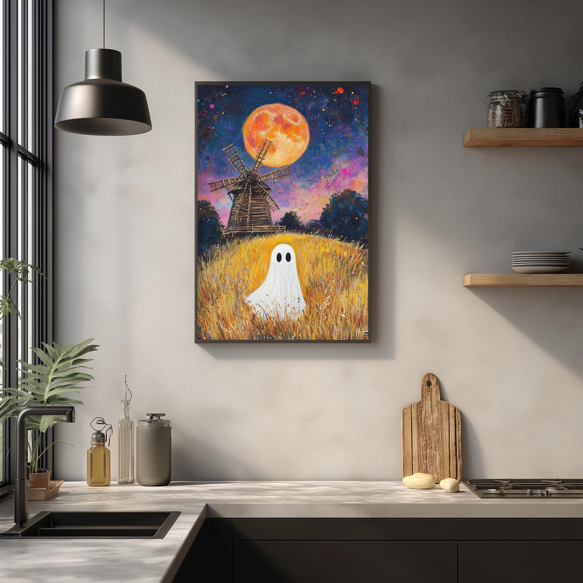 a painting of a ghost standing in a field with a windmill in the background, under a large, bright moon.