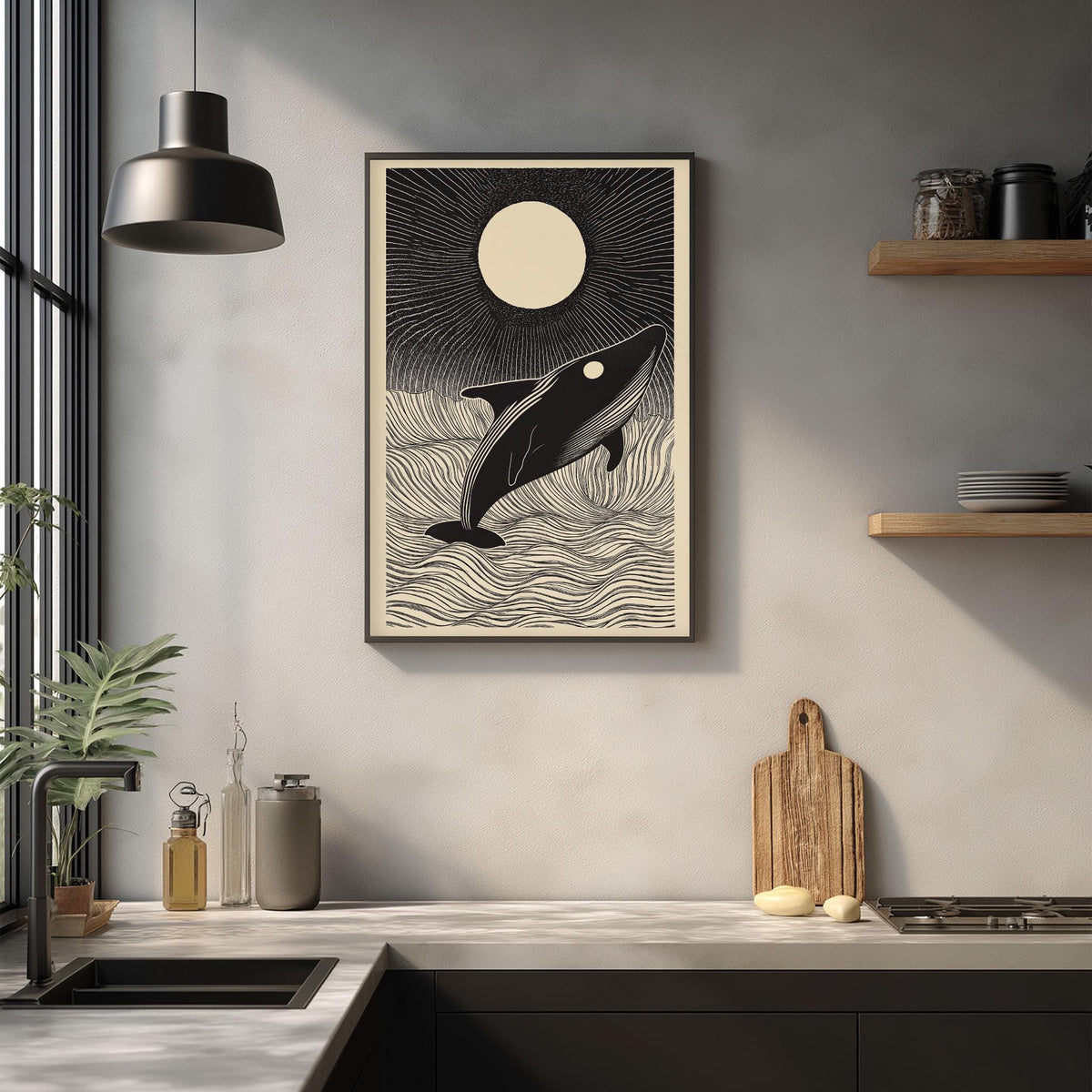 a kitchen counter with a framed artwork depicting a whale swimming in the ocean, a wooden cutting board, and various kitchen items such as a bottle, a vase, and a bowl.