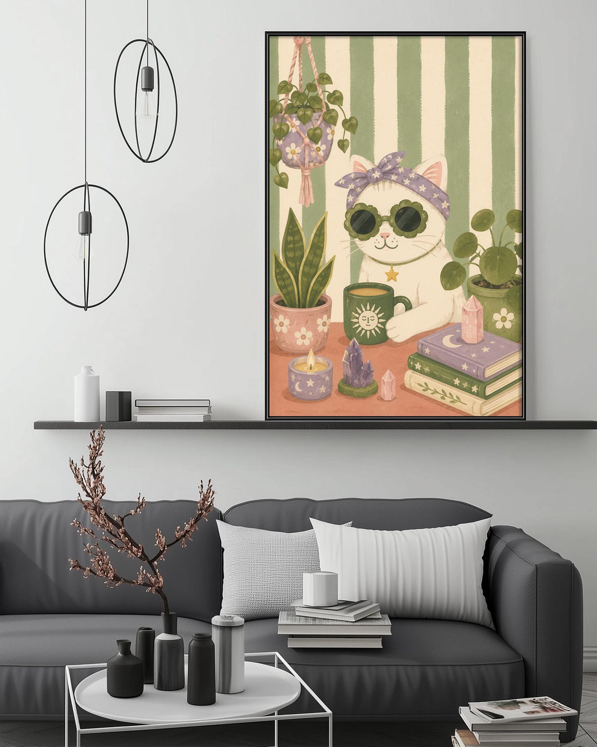 a cozy living room with a gray couch, a coffee table, and a large framed picture of a cat wearing sunglasses and a bandana, surrounded by potted plants and other decorative items.