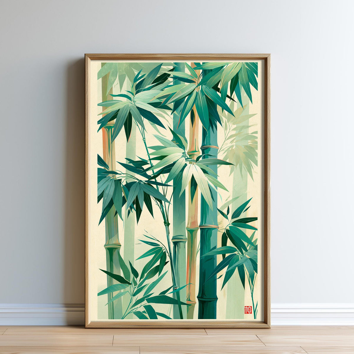 The image is a framed print depicting a lush, tropical bamboo forest scene with vibrant green leaves and stems.