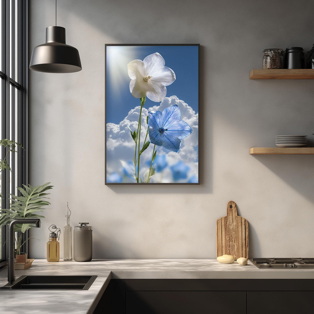 a framed picture of two blue flowers against a backdrop of a cloudy sky, hanging on a wall above a kitchen counter.
