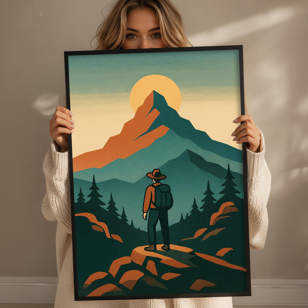 A woman holding a framed print of a mountain landscape with a hiker standing on a rocky outcropping, looking out at the scenery.