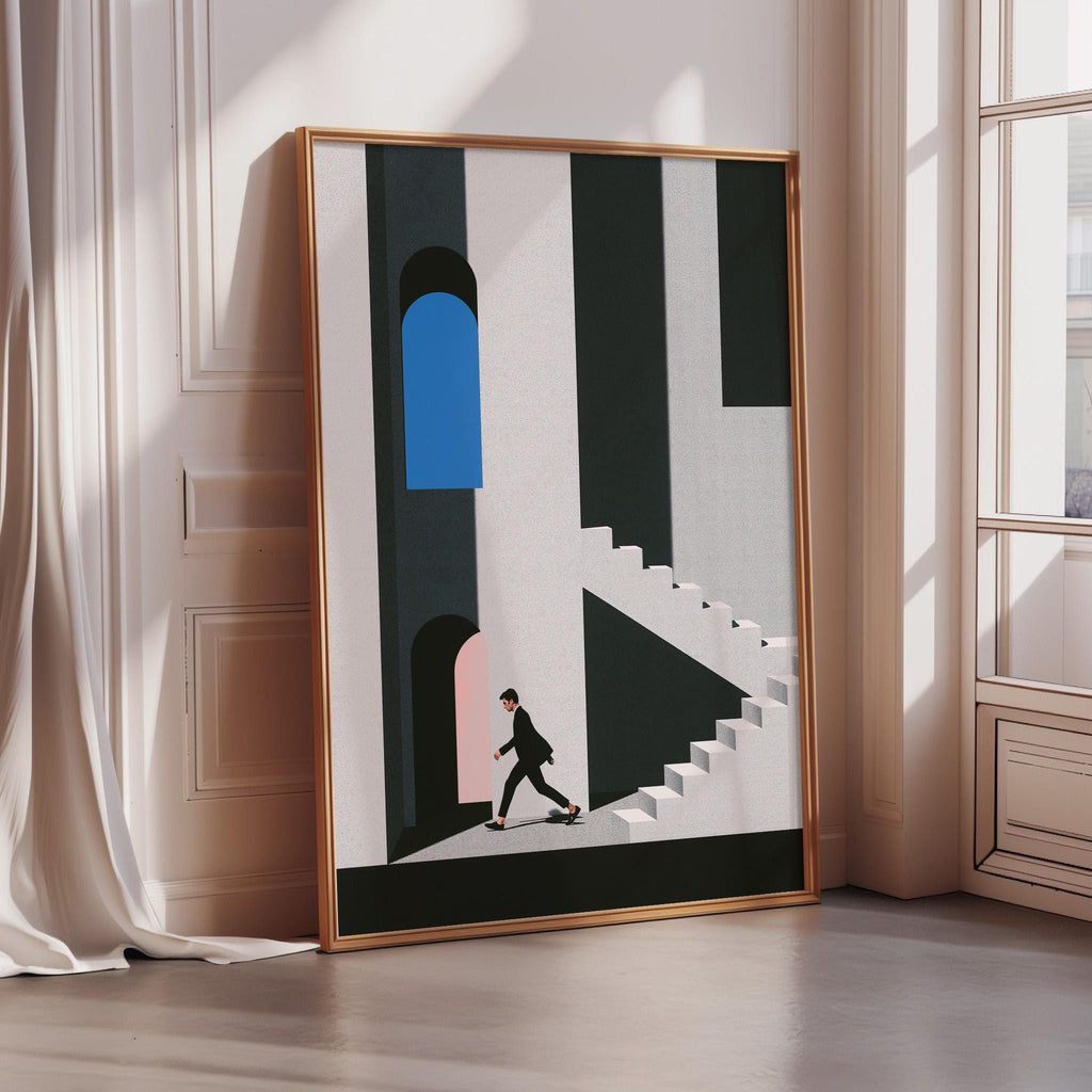 a framed artwork depicting a person walking up a set of stairs, with a blue archway in the background.