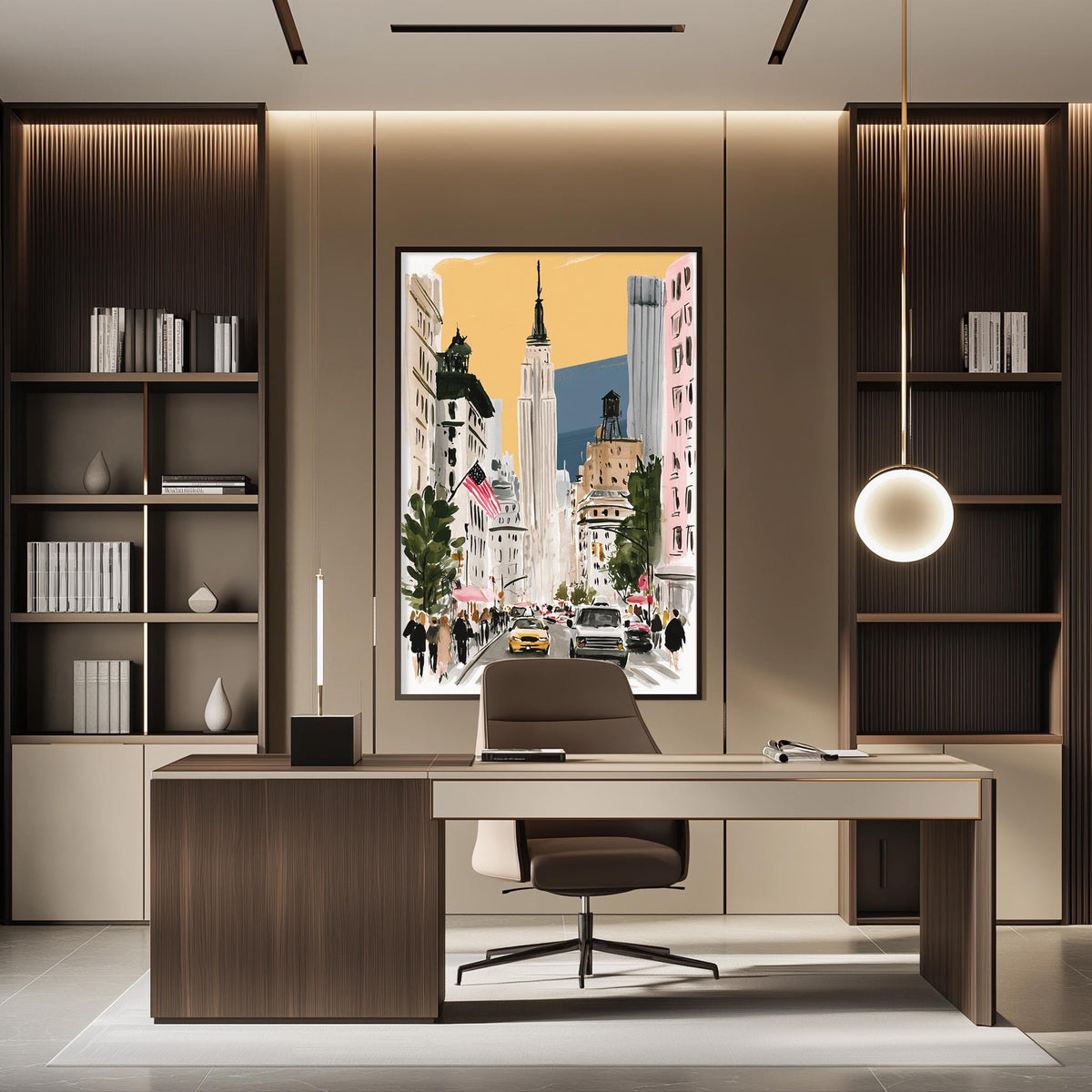 a modern office space with a large framed artwork of a cityscape hanging on the wall. The office features a wooden desk, a comfortable-looking chair, and a bookshelf filled with books. The overall design and decor create a professional and stylish atmosphere.