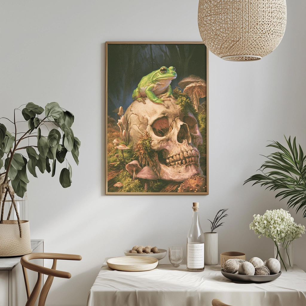 a framed painting of a frog perched on a skull, surrounded by mushrooms and plants, hanging on a wall above a table with various items on it.