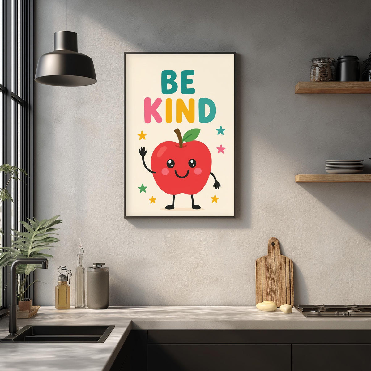 a kitchen counter with a framed poster of an apple character above it, which says "Be Kind".