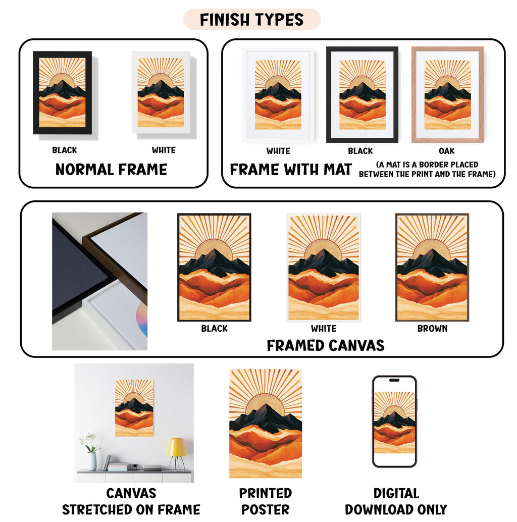 various finish types for a framed artwork depicting a mountain landscape with a sunburst design. It includes a normal frame, a frame with a mat, a black frame, a white frame, a black frame, a white frame with a mat, a black frame, a white frame with a mat, a black frame, a white frame with a mat, a black frame, a white frame with a mat, a brown frame, a framed canvas, a stretched canvas, a printed poster, and a digital download only.
