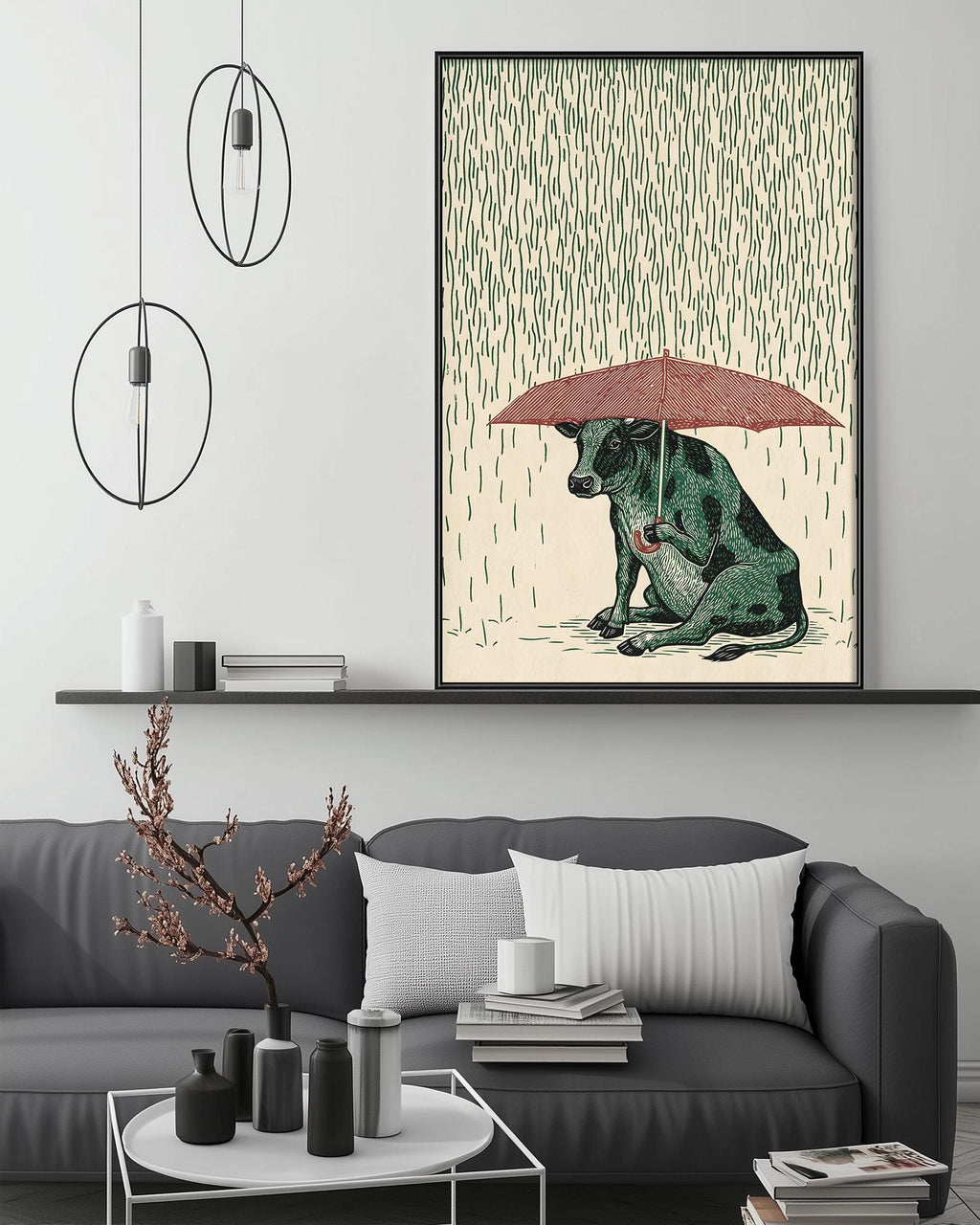 a cozy living room with a gray couch, a coffee table, and a large framed illustration of a dog sitting under an umbrella.