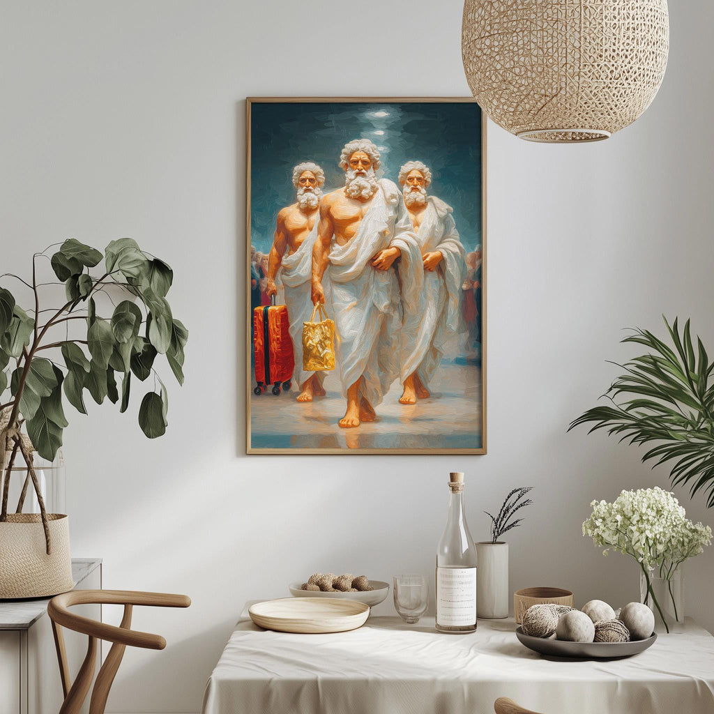 a framed painting of three men in white robes, each carrying a bag, standing in front of a blue background. The painting is hung on a white wall above a dining table with various decorative items and plants.