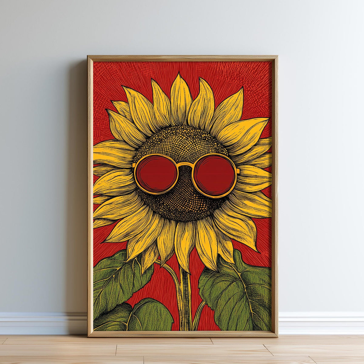 A framed illustration of a sunflower with red sunglasses on top of it, set against a red background.